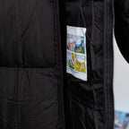 Moncler long puffer coat, black with graphic interior label and front zipper