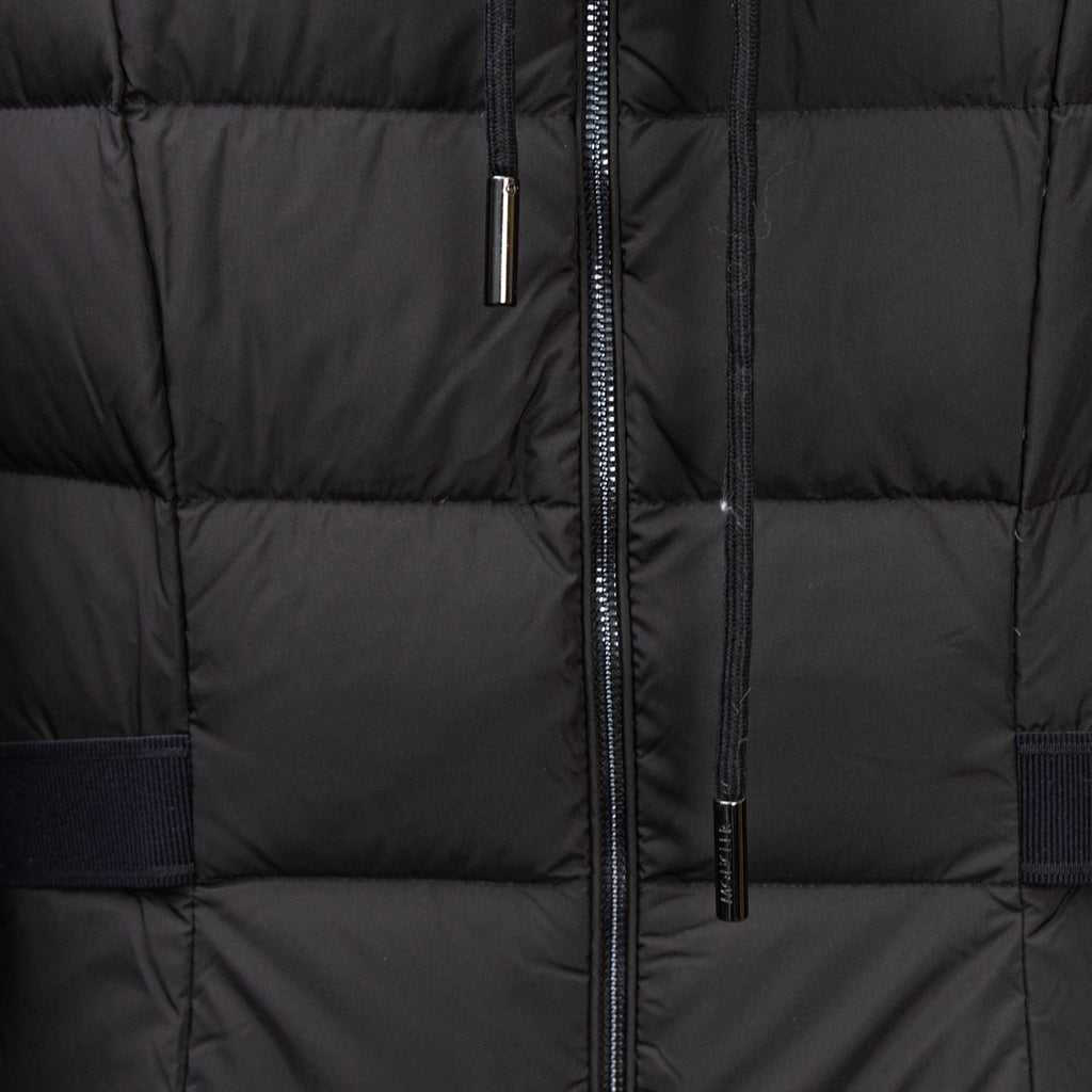 Moncler long puffer coat, black, center front zipper and metal pull tab