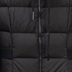 Moncler long puffer coat, black, center front zipper and metal pull tab