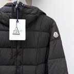 Moncler long puffer coat, black, chest zipper and sleeve logo patch