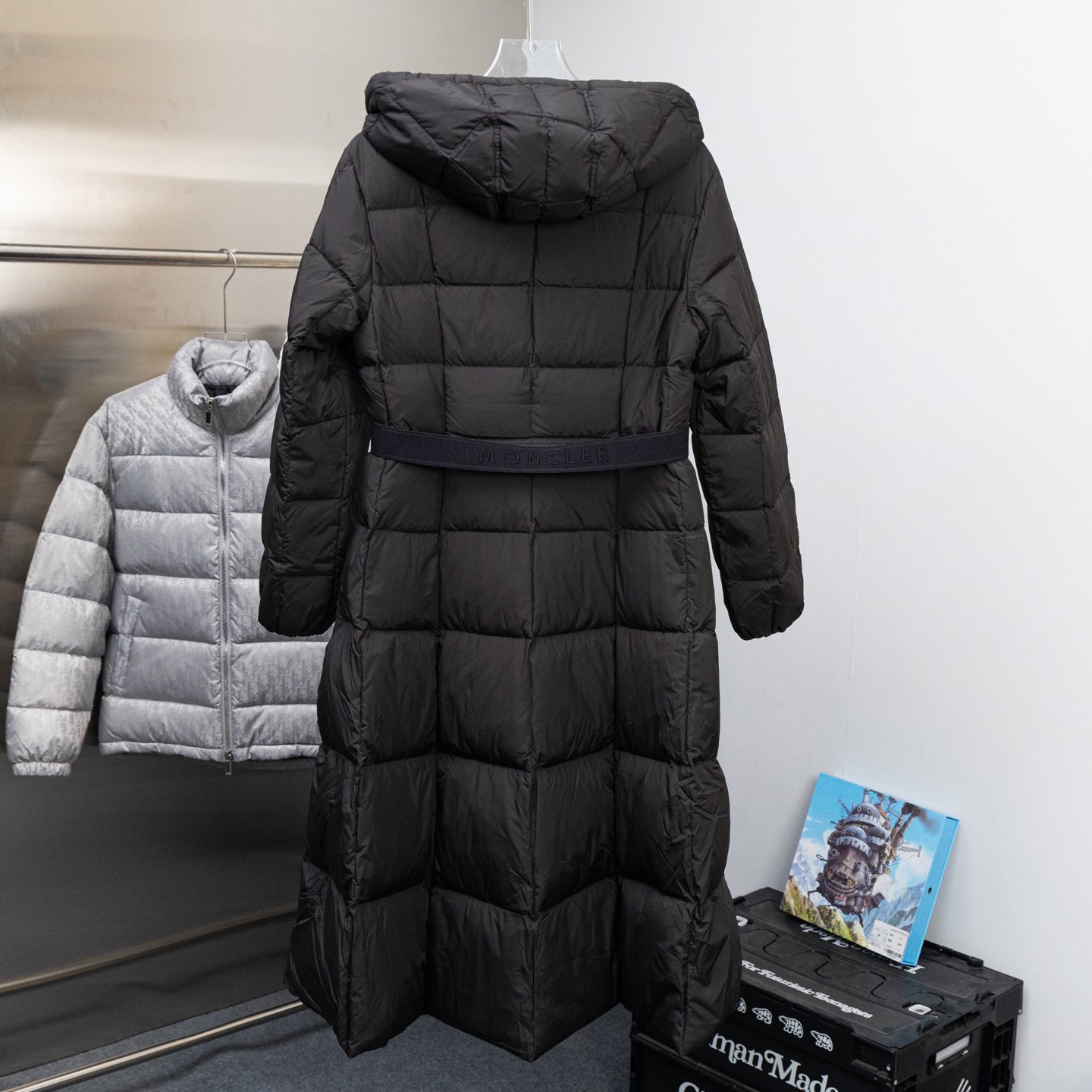 Moncler long puffer coat, black, hooded back view with quilted panels