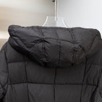 Moncler long puffer coat, black, hood on back with quilted, padded panels