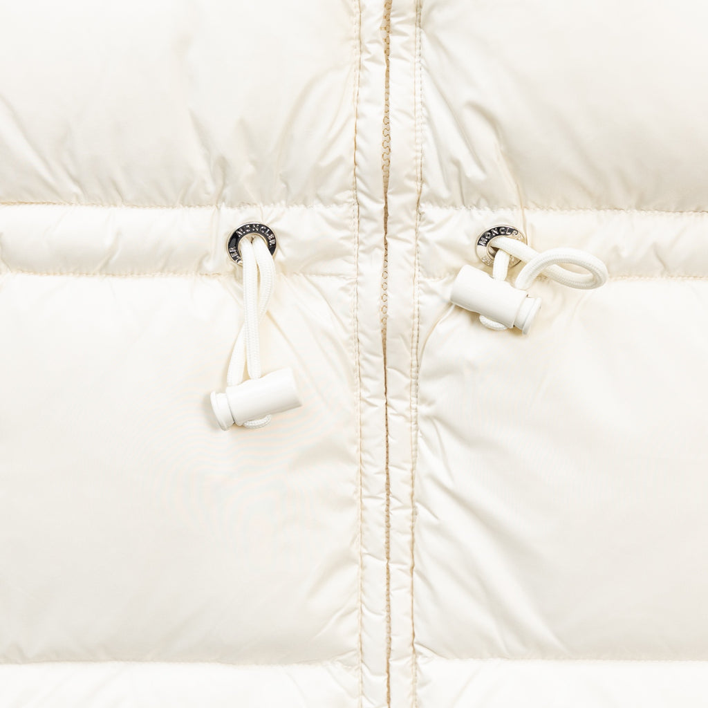 Moncler long puffer jacket, white, drawstring toggles at the front