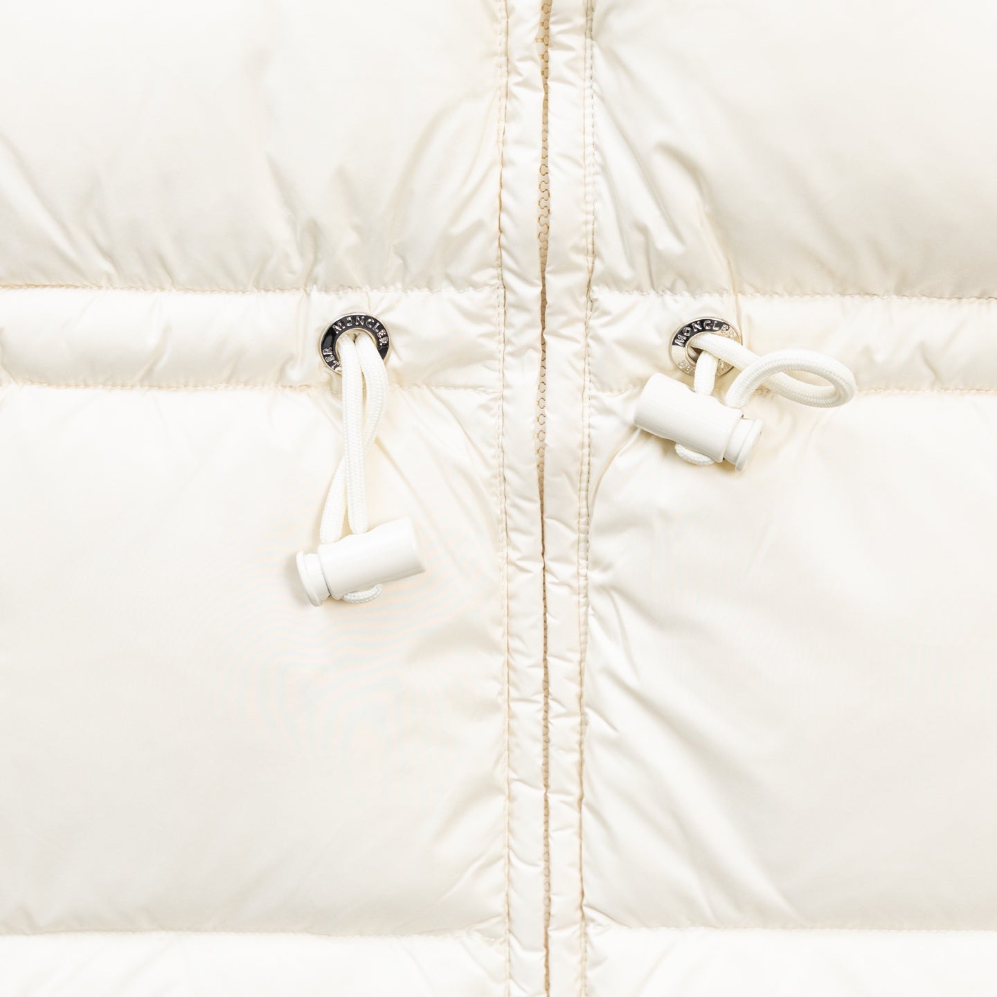Moncler long puffer jacket, white, drawstring toggles at the front