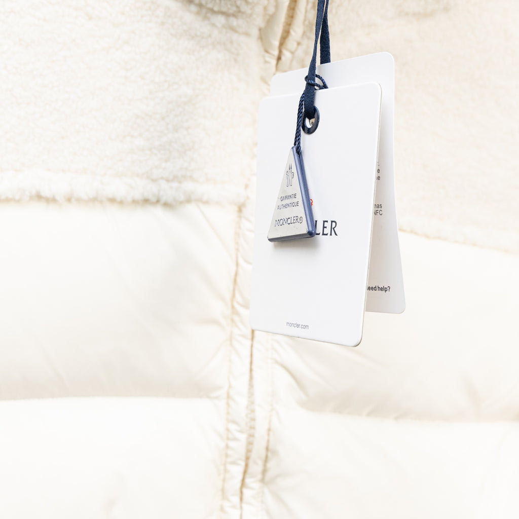 Moncler long puffer jacket, white, zipper front with hanging care tags