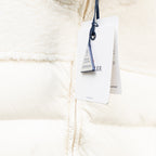 Moncler long puffer jacket, white, zipper front with hanging care tags