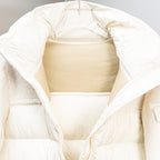 Moncler long puffer jacket, white, open front showing padded lining