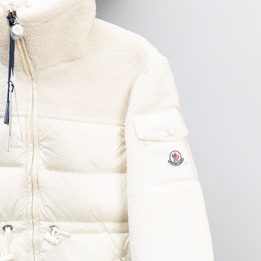 Moncler long puffer jacket, white, sleeve pocket and Moncler logo patch