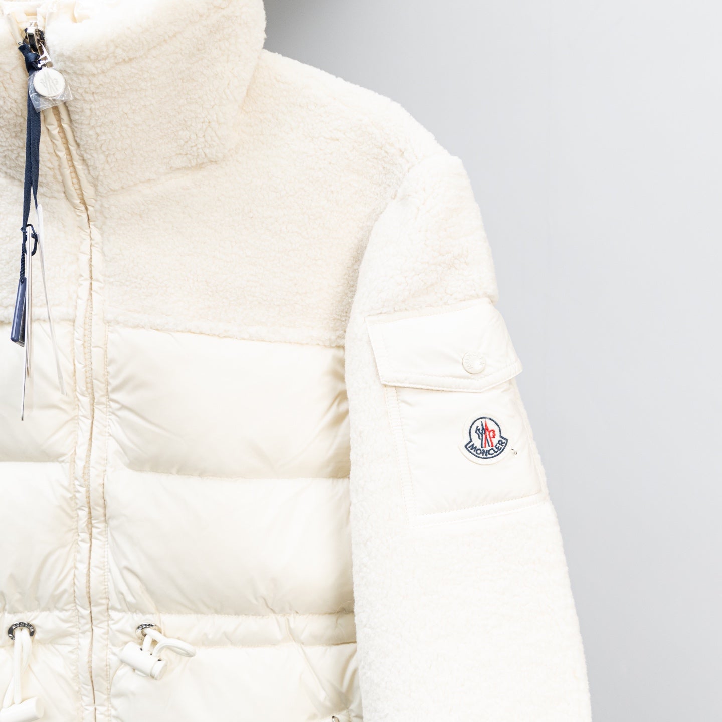 Moncler long puffer jacket, white, sleeve pocket and Moncler logo patch