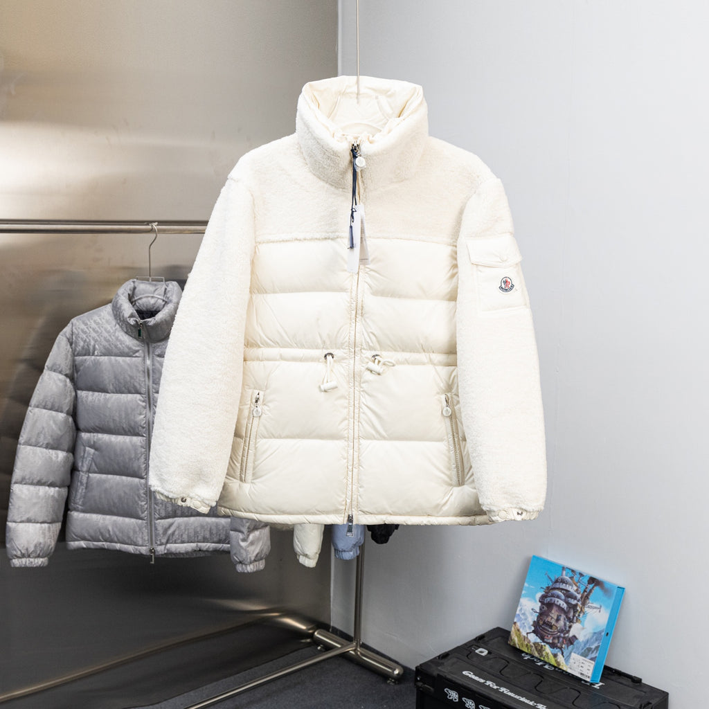 Moncler long puffer jacket, white, full-zip with hood and padded front panels