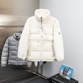 Moncler long puffer jacket, white, full-zip with hood and padded front panels