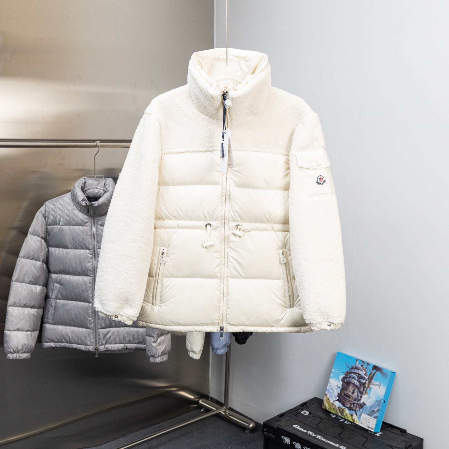 Moncler long puffer jacket, white, full-zip with hood and padded front panels