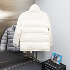 Moncler long puffer jacket, white, back view with hood and horizontal quilting