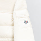 Moncler long puffer jacket, white, round Moncler logo patch on sleeve pocket
