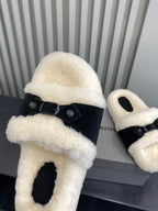 Balenciaga plush slide sandals with cream fuzzy footbed and black cross-strap