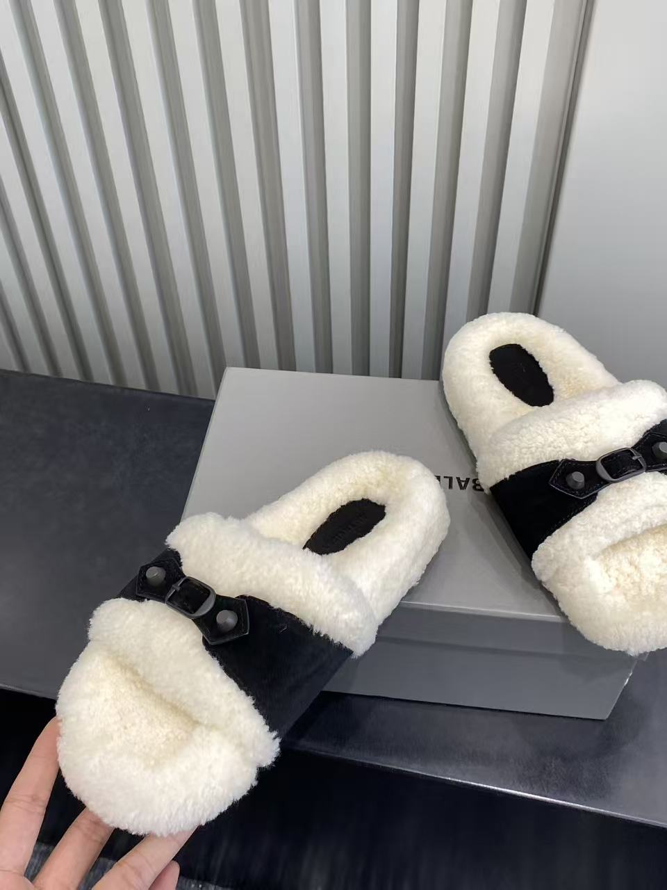 Balenciaga open-toe plush slide sandal, cream fuzzy upper with black strap detail