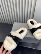 Balenciaga open-toe plush slide sandal, cream fuzzy upper with black strap detail