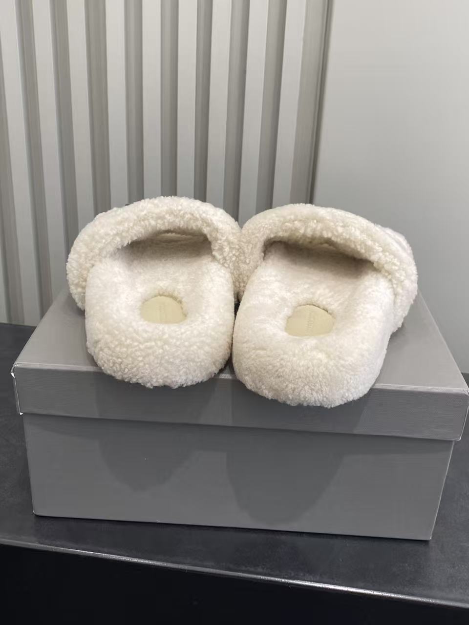 Cream sherpa slide sandals, open toe design with cushioned footbed, pair