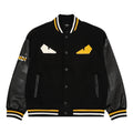 Black long-sleeve varsity jacket with snap front, yellow/white striped cuffs and collar