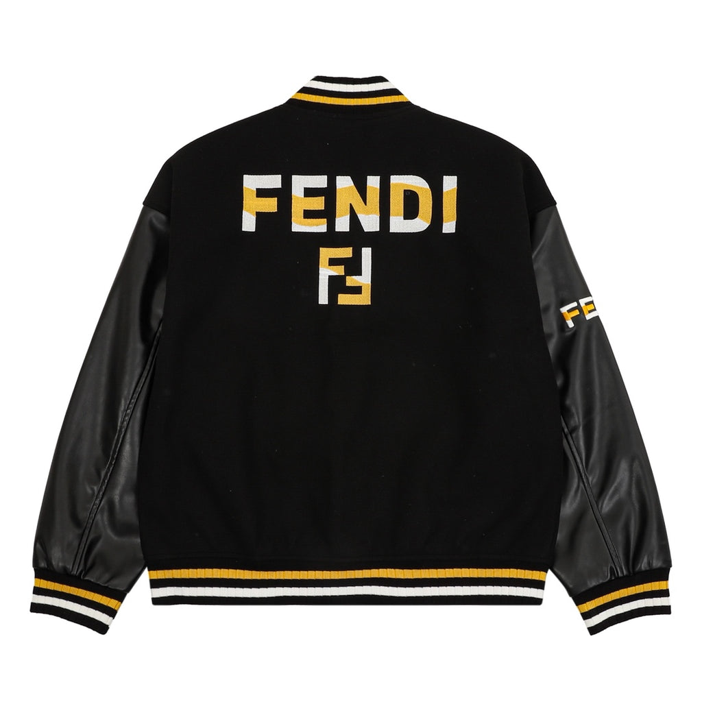 Black long-sleeve varsity jacket with FENDI back print and striped ribbed hem and cuffs