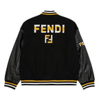 Black long-sleeve varsity jacket with FENDI back print and striped ribbed hem and cuffs