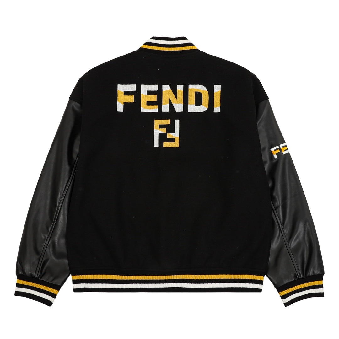 Black long-sleeve varsity jacket with FENDI back print and striped ribbed hem and cuffs