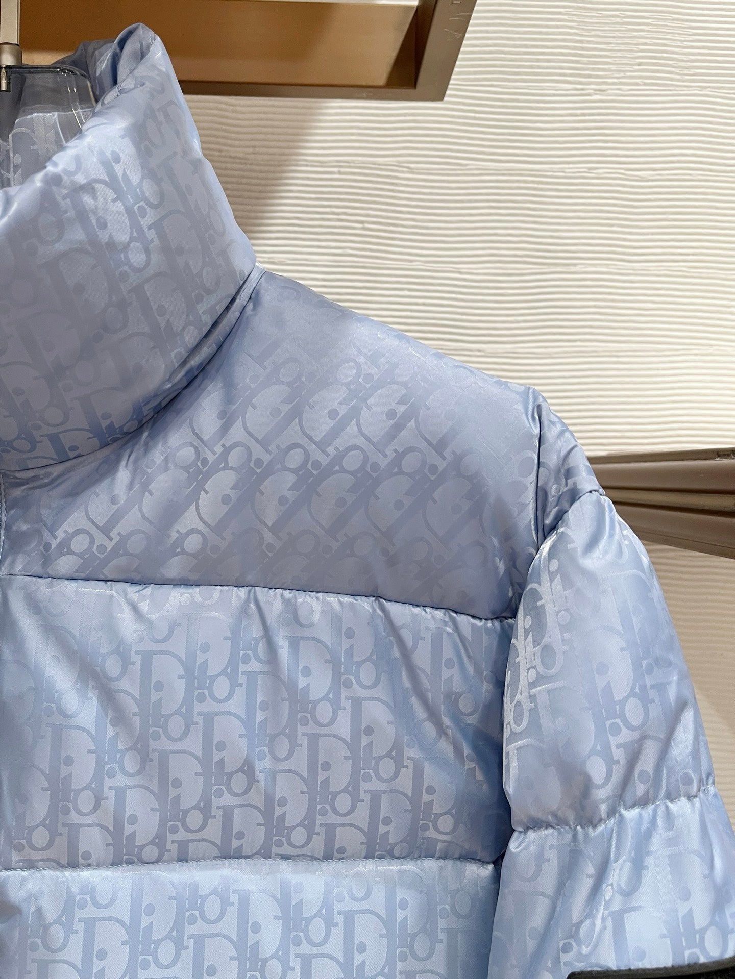 Dior long puffer jacket, light blue monogram, side panel and quilted sleeve