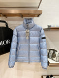 Dior long puffer jacket, light blue, quilted padding, front zipper, stand collar