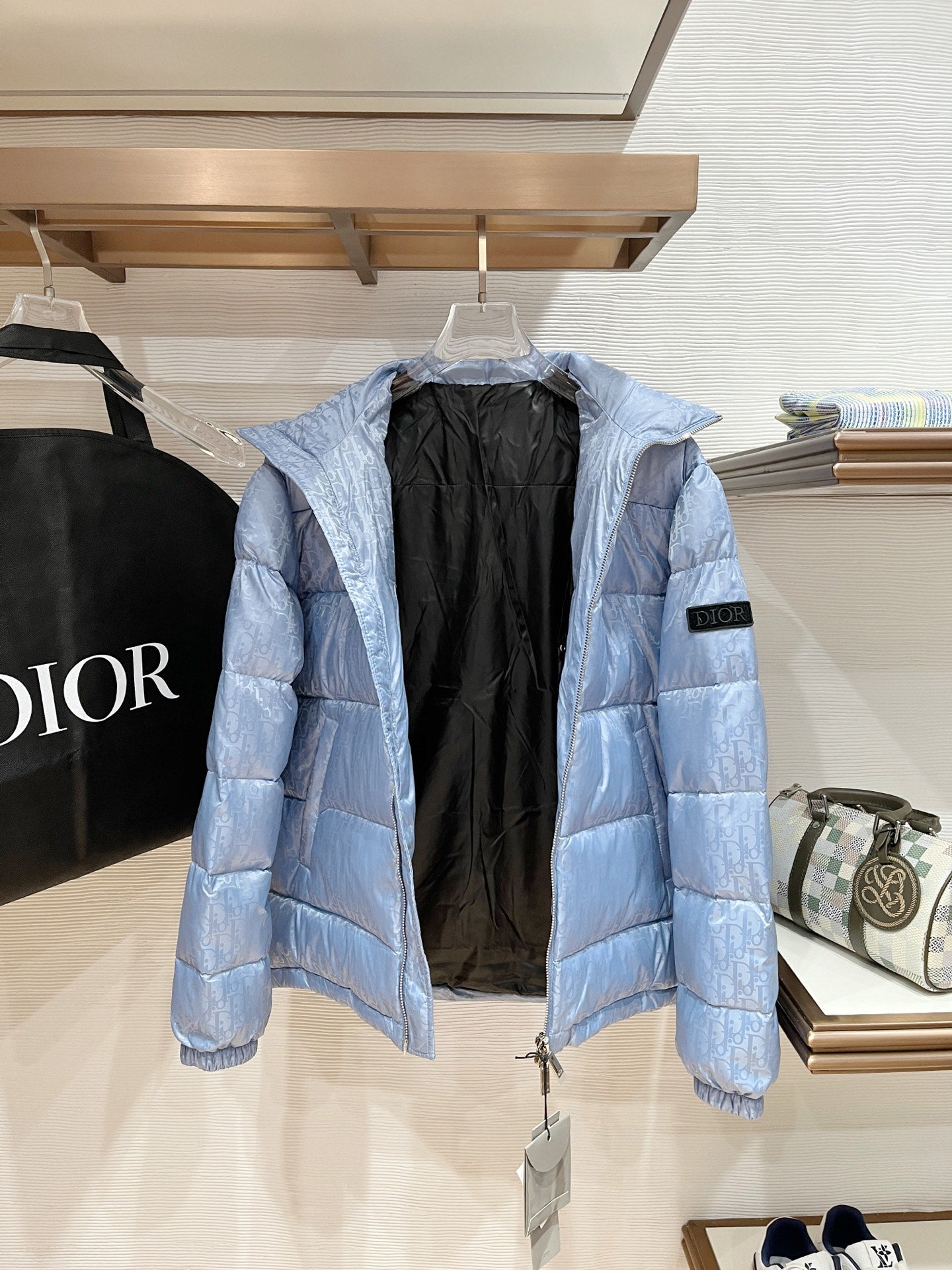 Dior long puffer jacket, light blue monogram, front zipper and sleeve logo patch