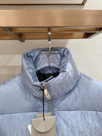 Dior long puffer jacket, light blue monogram, front zipper and high collar detail