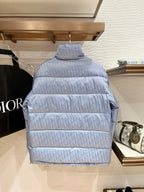 Dior long puffer jacket, light blue monogram, back view with quilted stripes