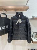 Black puffer jacket with zip front and standing collar