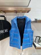 Blue quilted puffer vest with stand collar and full front zipper