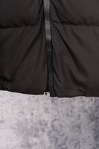 Long black puffer jacket front zipper with textured trim