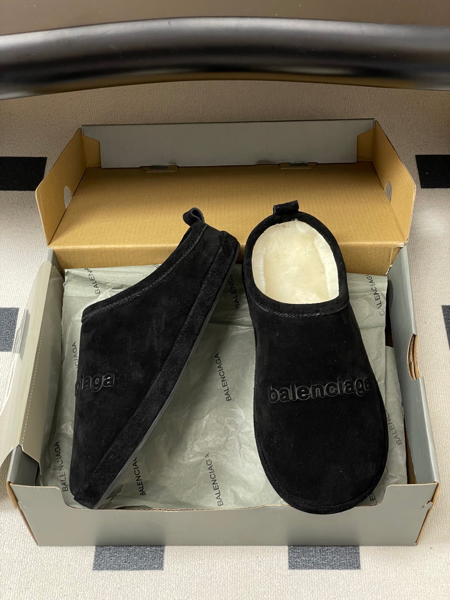 Balenciaga black suede sandals in retail box, curved toe and white interior lining