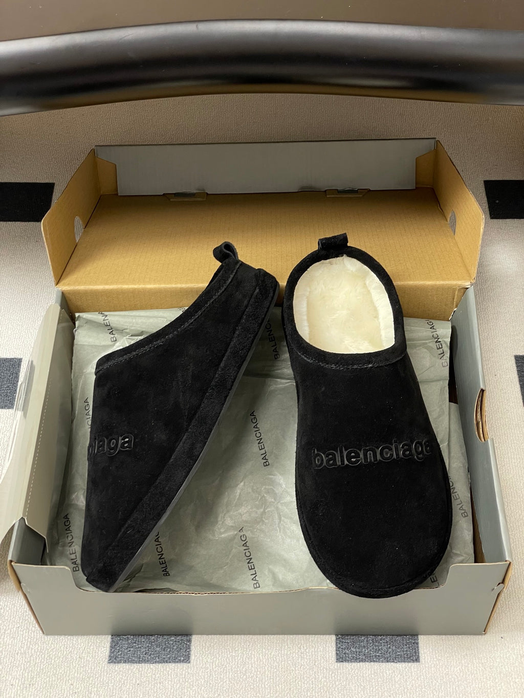 Balenciaga black suede slide sandals in box, textured suede and side logo