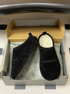 Balenciaga black suede slide sandals in box, textured suede and side logo