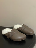 Taupe Balenciaga shearling slide sandals with adjustable buckle strap