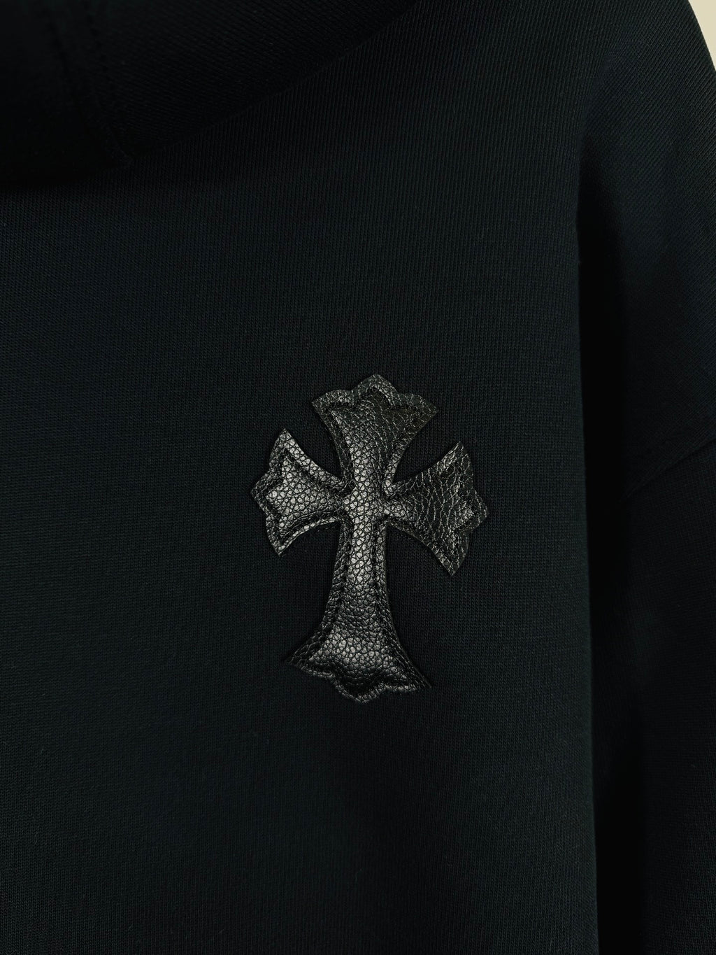 Chrome long dark hoodie, embroidered cross logo on chest