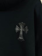 Chrome long dark hoodie, embroidered cross logo on chest