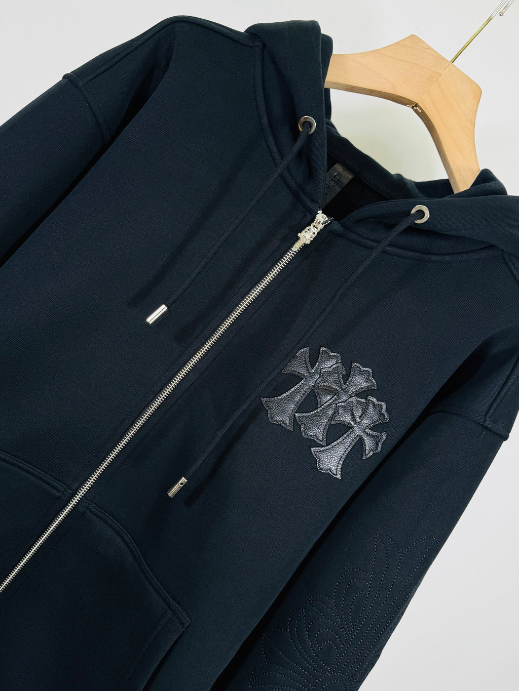 Chrome long dark zip-up hoodie, hood and zipper, stitched cross patch