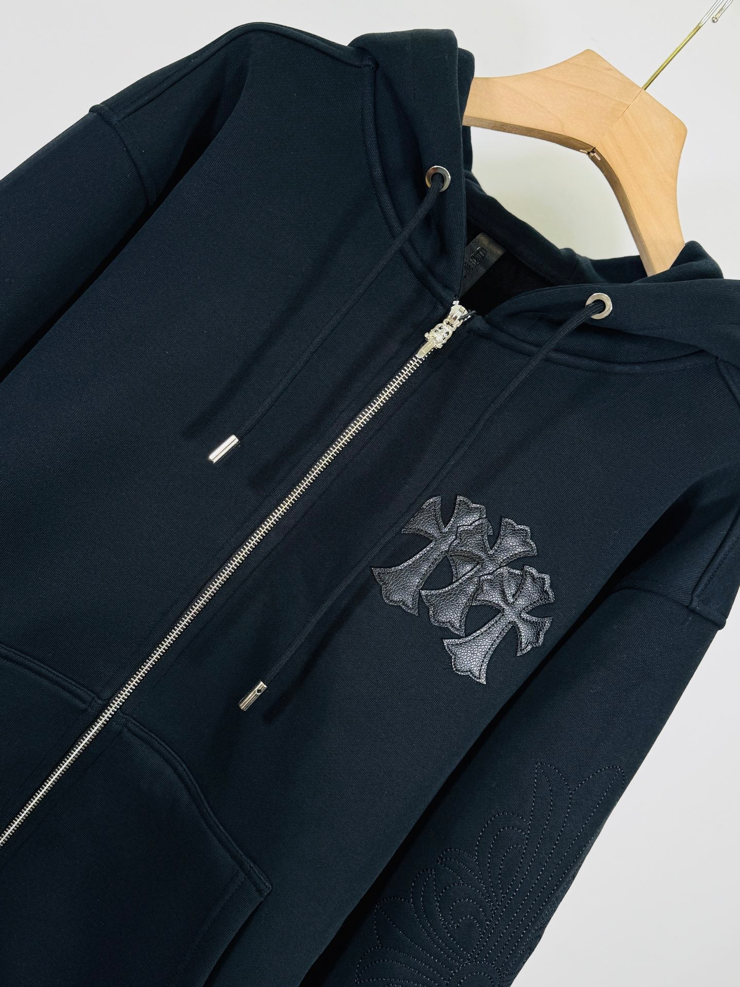 Chrome long dark zip-up hoodie, hood and zipper, stitched cross patch