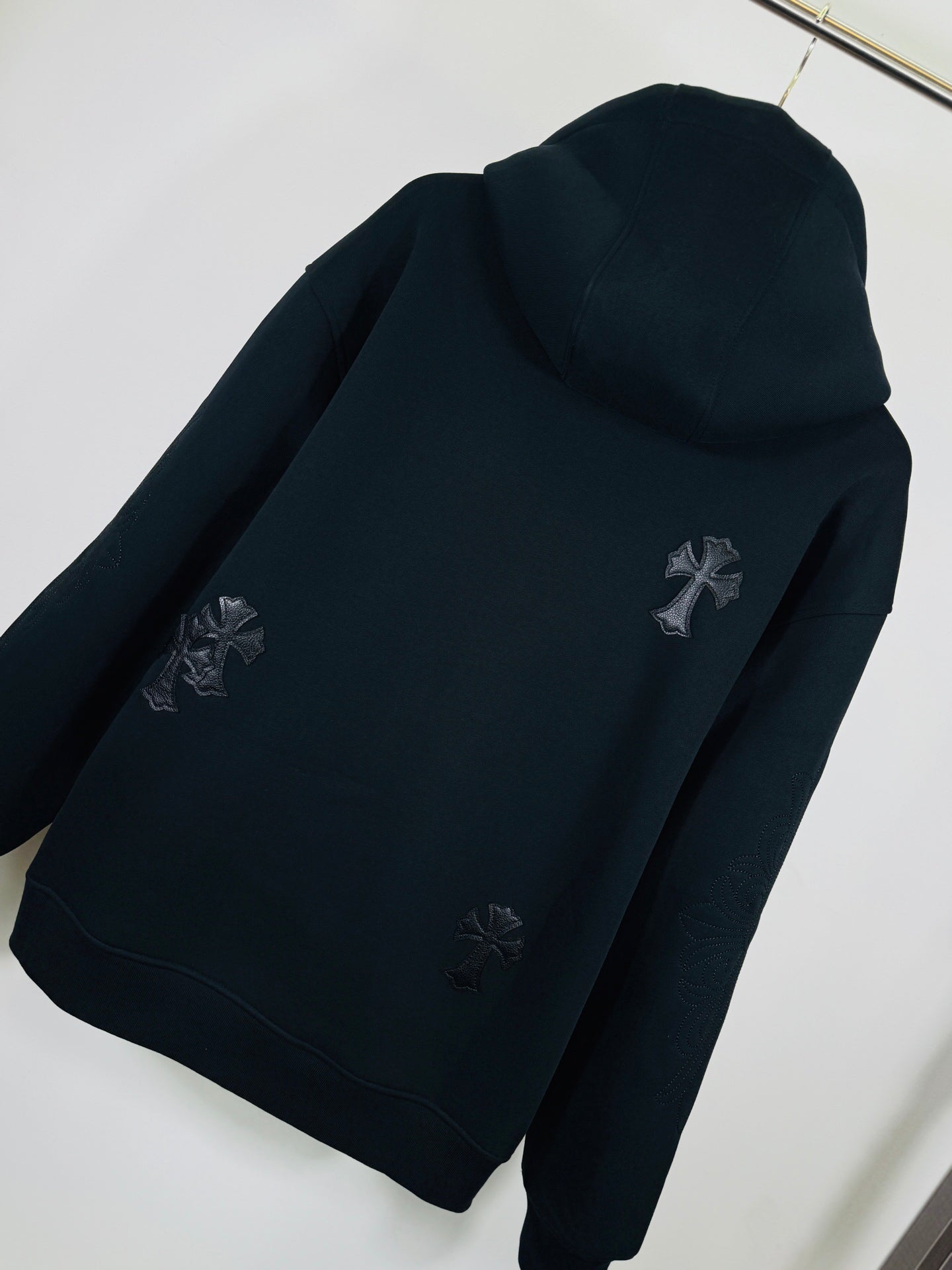 Chrome long dark zip-up hoodie, back logo and hood, full length sleeves