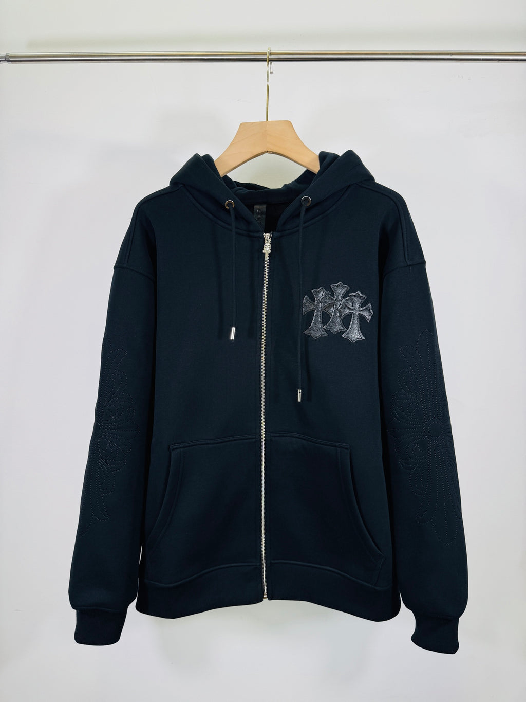 Chrome long dark zip-up hoodie, full zip, cross logo on chest