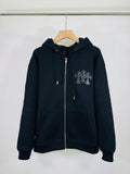 Chrome long dark zip-up hoodie, full zip, cross logo on chest