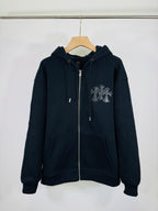 Chrome long dark zip-up hoodie, full zip, cross logo on chest
