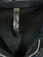 Chrome long dark hoodie, neck label tag inside collar