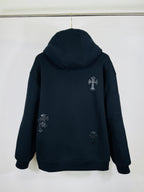 Chrome long dark zip-up hoodie, hooded back view, small cross applique