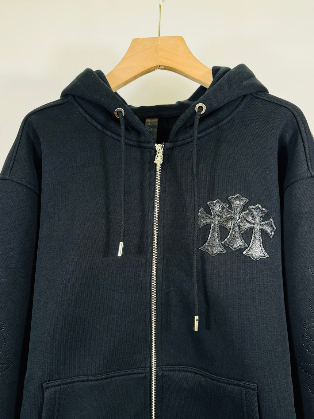 Chrome long dark zip-up hoodie, front logo patch, drawstring hood