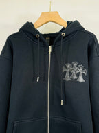 Chrome long dark zip-up hoodie, front logo patch, drawstring hood
